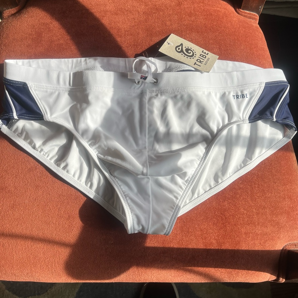 Men's White and Blue Swim Briefs